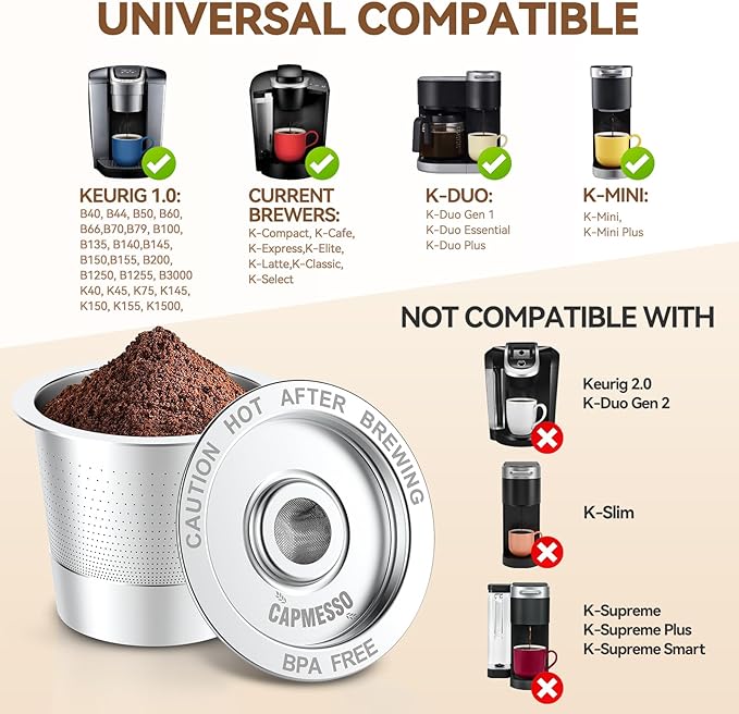 CAPMESSO Reusable Coffee Pods for Keurig: Stainless Steel Refillable K Cup - Reusable Coffee Filter for Keurig 1.0 Coffee Maker, Permanent (4 Reusable k cups for Keurig 1.0)