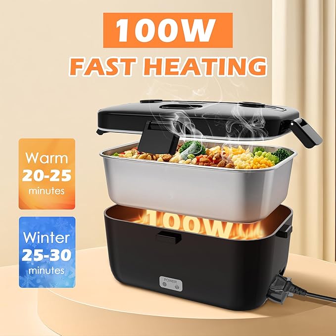 COZYEXPERT Electric-Lunch-Box-Heated-Food-Warmer 100W Heating Lunchbox for Adults 1.8L Portable Food Heater for Work/Car, 12V/24V/110-230V Lonchera Eléctrica Portátil with Fork Spoon (Black)