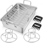16" Roasting Pan with Rack, 7 PCS P&P CHEF Stainless Steel Turkey Roaster Lasagna Pan with Cooling Flat & V-shaped Baking Rack, Grilling Chicken Holder, Meat Shredding Claws, Dishwasher & Oven Safe