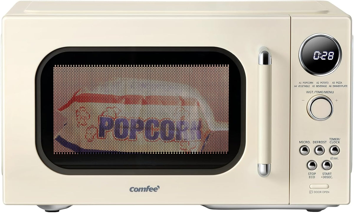 COMFEE' Retro Microwave Oven, Small Microwave with 6 Auto Menus, 0.9 cu.ft Countertop Compact Microwave with Multi-stage Cooking, Mute Function, LED digital, Apricot/900W, CMO-MMP02AA(AT)