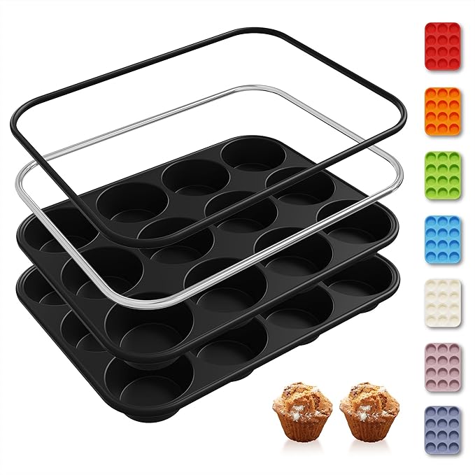 2 Pack 12 Cups Silicone Muffin Pan with Metal Reinforced Frame Regular Size Silicone Molds Cupcake Cake Baking Pans Cookie Baking Chocoflan Cupcake Mold Baking Homemade Muffins Cupcakes Egg Bites