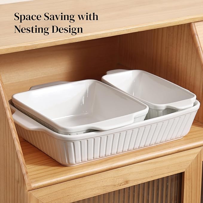 DOWAN Casserole Dishes for Oven, Baking Dishes Set, Ceramic Bakeware Sets of 3, Lasagna Pan Deep, Rectangular Baking Pan Set with Handles for Baking, Casserole, Kitchen, Wedding Gift, White (13''/8''/4'')