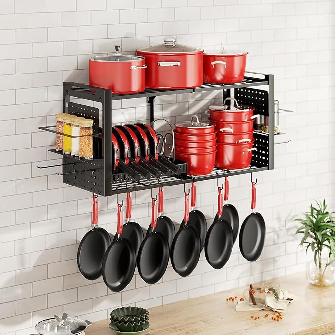 31 Inch Pot Rack Wall Mounted，3 in 1 Pots and Pans Organizer with 2 tier Kitchen Racks & Pot Lid Organizer Holder and 20 Hooks,Heavy Duty Hanging Pot Hanger for Kitchen Cookware, Utensils, Black