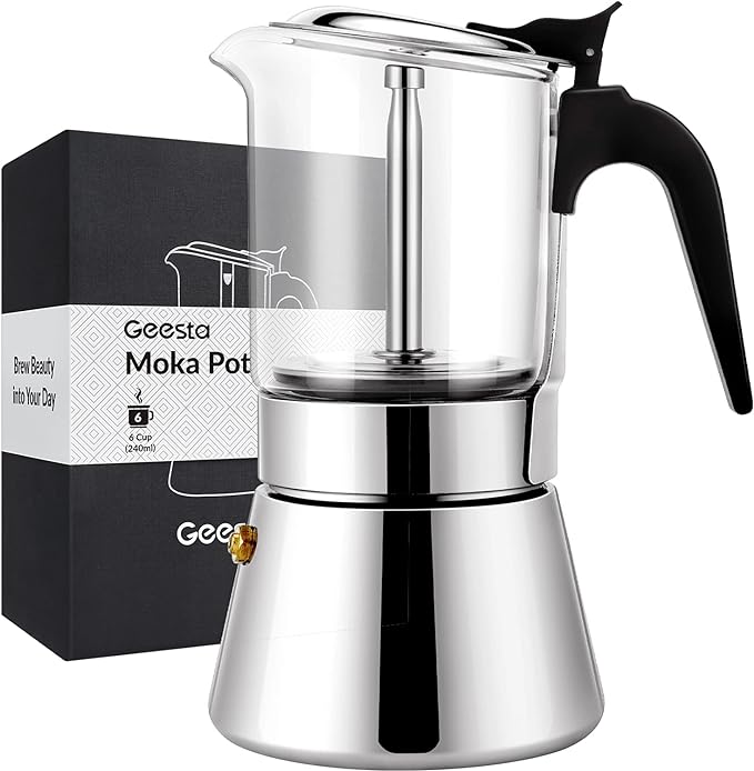 Geesta Premium Crystal Glass-Top Stovetop Espresso Moka Pot - 4/6/ 9 Cups - Stainless Steel Coffee Maker- 240ml/8.5oz/6 cup (espresso cup=40ml)