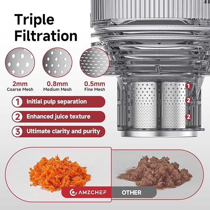 Cold Press Juicer Machine with 6" Extra-Wide Feed Chute,Triple Stainless Steel Filter,Quiet DC Motor,Easy to Clean,Slow Masticating Juicer High Juice Yield,Grey