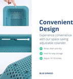 BLUE GINKGO Over the Sink Colander Strainer Basket - Wash Vegetables and Fruits, Drain Cooked Pasta and Dry Dishes - Extendable - New Home Kitchen Essentials (7.9 W x 14.5-19.5 L x 2.75 H) - Teal