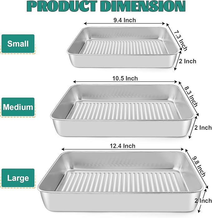 Baking Pans Set of 3, E-far Stainless Steel Sheet Cake Pan for Oven - 12.5/10.5/9.4Inch, Rectangle Textured Pan Tray Set for Lasagna Brownie Casserole Cookie, Non-toxic & Healthy, Dishwasher Safe