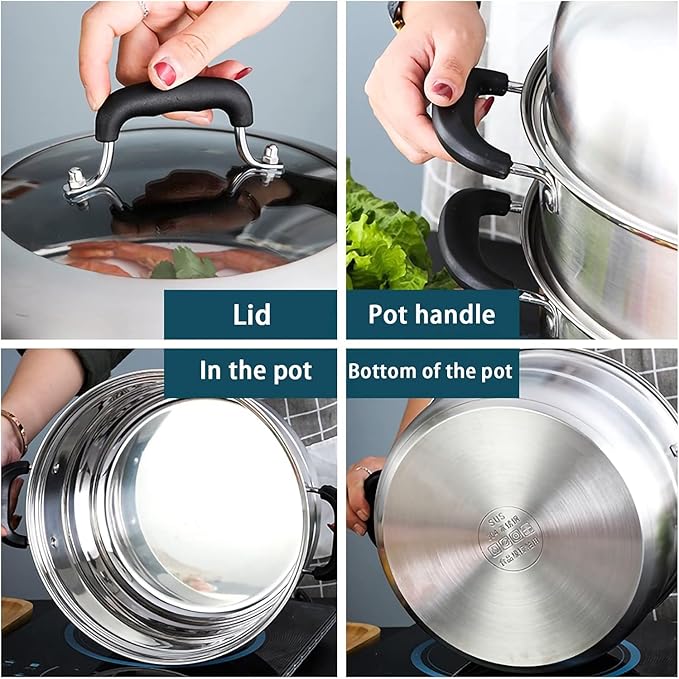 MANO Steamer Pot for Cooking 14.2 inch Steam Pots with Lid 2-tier Stainless Steel Steaming Pot Multipurpose Cookware with Handle for Vegetable, Dumpling, Stock, Sauce, Food…