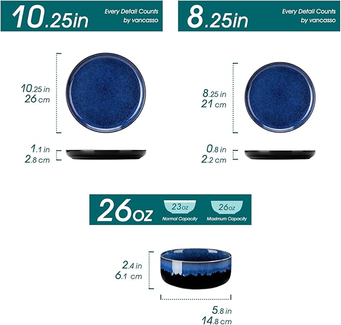 vancasso Starry 12 Pieces Dinnerware Sets for 4, Blue Reactive Glaze Dishes Sets, Ceramic Plates and Bowls Set, Dinner Salad Dessert Plates, and Cereal Bowls Set, Dishwasher and Microwave Safe