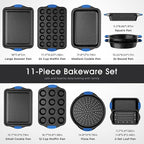 11-Piece Professional Stackable Baking Set, Oven-Safe Nonstick Cookware with Cool-Touch Handles - Features Cookie Sheet, Cake Pan, Muffin Tin, Pizza Stone & Bread Loaf Pan, Black&Blue