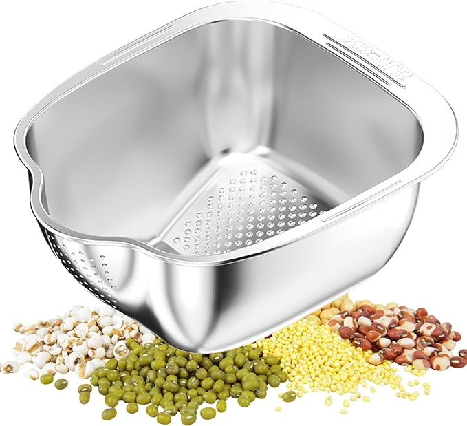 Rice Washer Strainer Bowl, Stainless Steel Washing Bowl whit Side Drainers, Versatile Square Quinoa Colander for Cleaning Rinsing Fruits, Vegetables, and Beans - Multifunctional Drain Basket