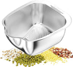 Rice Washer Strainer Bowl, Stainless Steel Washing Bowl whit Side Drainers, Versatile Square Quinoa Colander for Cleaning Rinsing Fruits, Vegetables, and Beans - Multifunctional Drain Basket