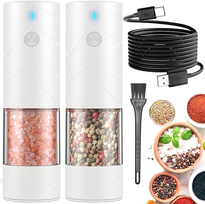 2Pack Electric Salt and Pepper Grinder Set USB Rechargeable with Warm LED Light, Adjustable Coarseness Lidaop Large Capacity Automatic Salt Pepper Mill Grinder for Kitchen, Restaurant, Outdoor, White