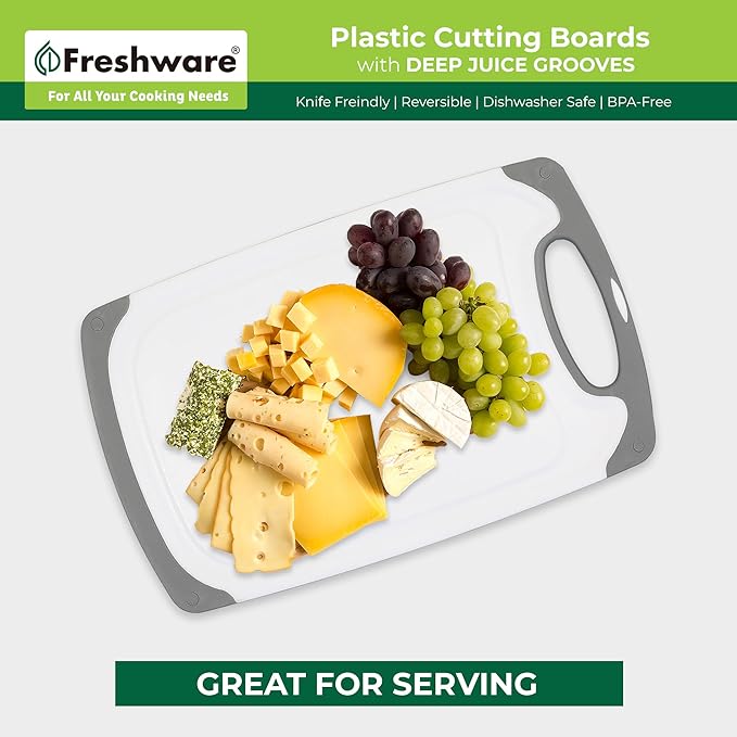 Freshware Cutting Boards for Kitchen, Chopping Board 3-Pack with Different Sizes, Juice Grooves and Non Slip Handles - Reversible, Large Cutting Board Set - Dishwasher Safe - Gray