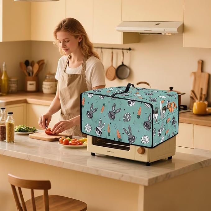 Easter Egg Bunny Carrot Print Toaster Oven Dust Cover Compatible with Most Toasters Ovens, Easter Decor Dust-proof Protector for Kitchen Small Appliance, (Small-14.5*18.46*9 inches)