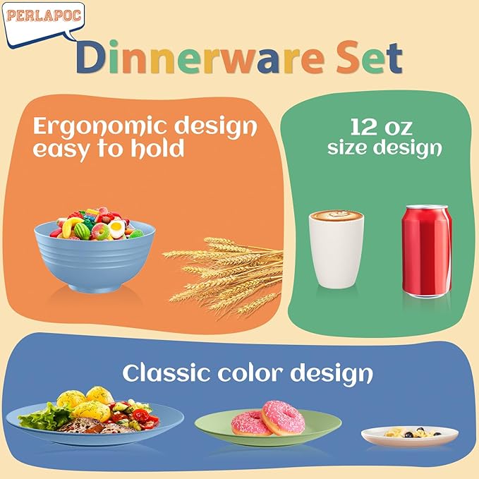 40 PCS Wheat Straw Dinnerware Sets Unbreakable Dishes Set for 8 Plastic Plates and Bowls Sets with Cups Dishwasher & Microwave Safe - Colorful