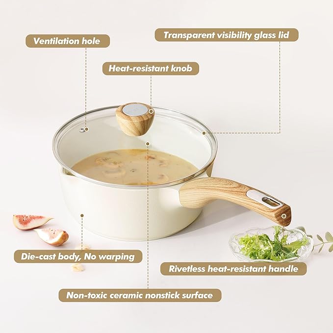 SENSARTE Ceramic Nonstick Sauce Pan with Lid, 3.0 Quart Saucepan with Double Spout, Large Cooking Pot, Non toxic Kitchen Sauce Pot, Non stick Saucier Pan, Induction Cookware, PFOA PTFE PFAS Free