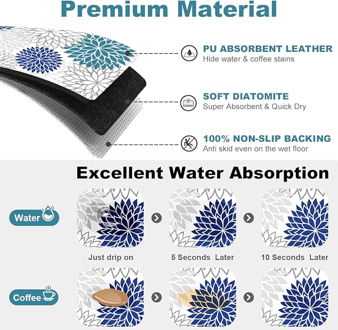 Findosom 2PCS 12" x 20" Dish Drying Mat & 24" x 5.5" Sink Splash Guard, Super Absorbent & Cuttable Dish Mat Drying Kitchen Mat with Blue Floral, Hide Stain Drying Mat for Kitchen Counter
