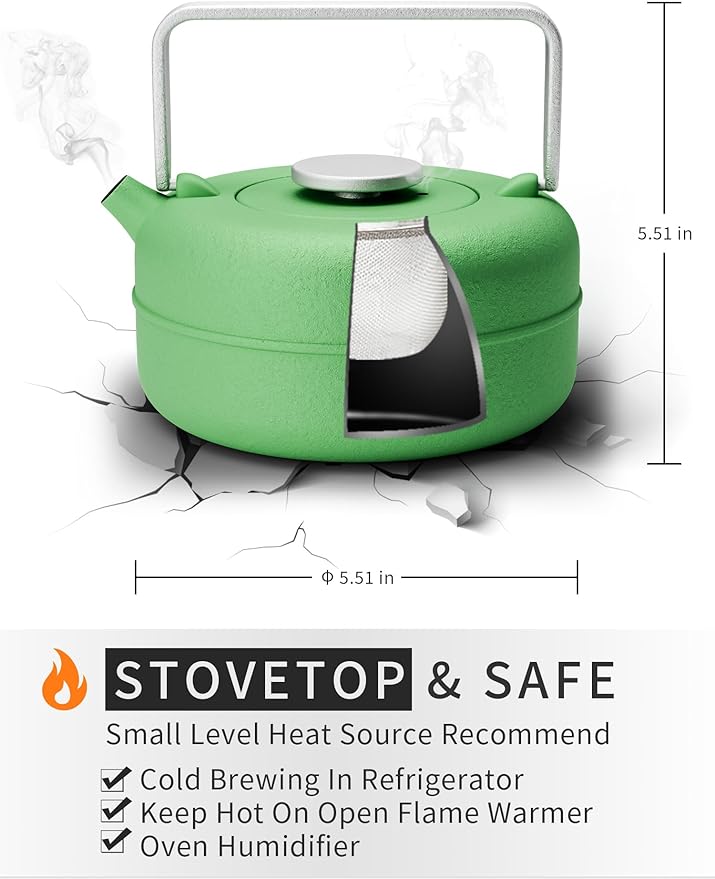 Toptier Teapot with Removable Infuser, Cast Iron Tea Kettle Stovetop Safe, Solid Geometry Cylinder Design Tea Pot Coated with Enameled Interior for 27 Ounce (800 ml), Emerald Green