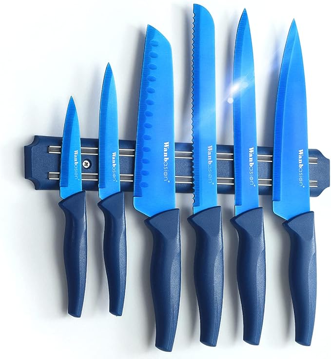 Wanbasion 7 Piece Blue Kitchen Knife Set with Magnetic Strip, Kitchen Knife Set Stainless Steel, Sharp Knife Set for Kitchen for Meat Vegetable Cutting