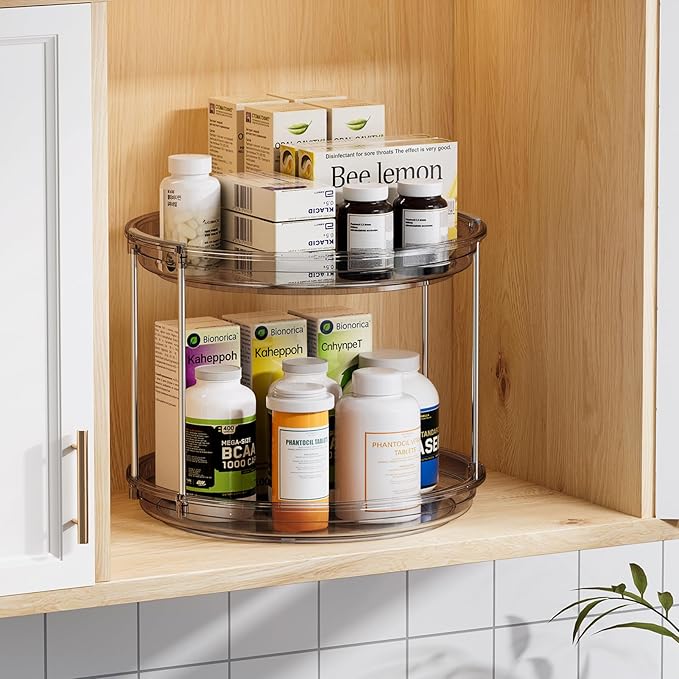 LAMU 2 Pack 2 Tier Lazy Susan Turntable Organizer 9.25'' Rotating Spice Rack Organization for Cabinet, Kitchen, Pantry, Countertop, Bathroom, Vanity, Medicine Cabinet Organizer, Grey