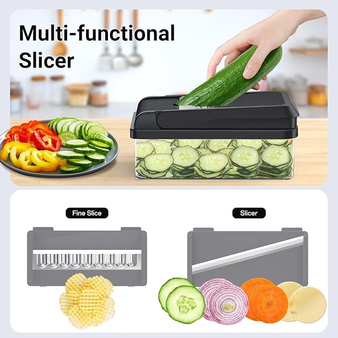 SpaceHacks 12-in-1 Vegetable Chopper, Kitchen Gadgets with 7 Blades, Veggie, Food, Onion Chopper, Cucumber Slicer, Versatile Mandoline, Includes Egg Separator & Finger Guard, Gray