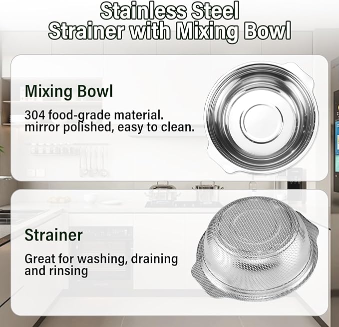 Stainless Steel Colander, 4.5QT Large Capacity with Mixing Bowl, Rice Washing Bowl with Strainer for Washing Vegetables, Fruit, Spaghetti, Pasta Strainer, Dishwasher Safe(2PC)