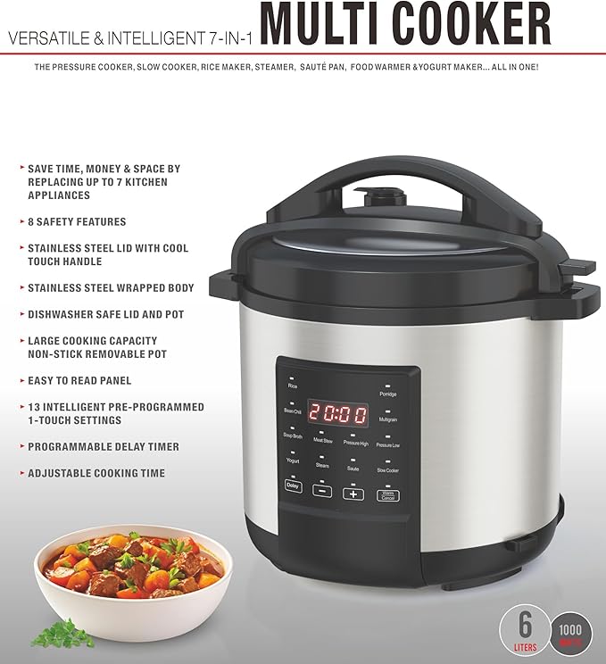 EMB Ironblade 7-in-1 Multi Cooker, 6-Liter, 1000W Stainless Steel Programmable Pressure Cooker, Slow Cooker, Rice Maker, Steamer, Sauté Pan, Food Warmer, Yogurt Maker