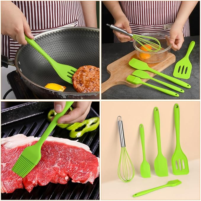 Garneck Silicone Baking Tool Set 5pcs Kitchen Utensil Kit with Egg Whisk, Scraper, Brush, and Shovel, Green Food-grade Silicone Cooking Gadgets for Baking and Mixing