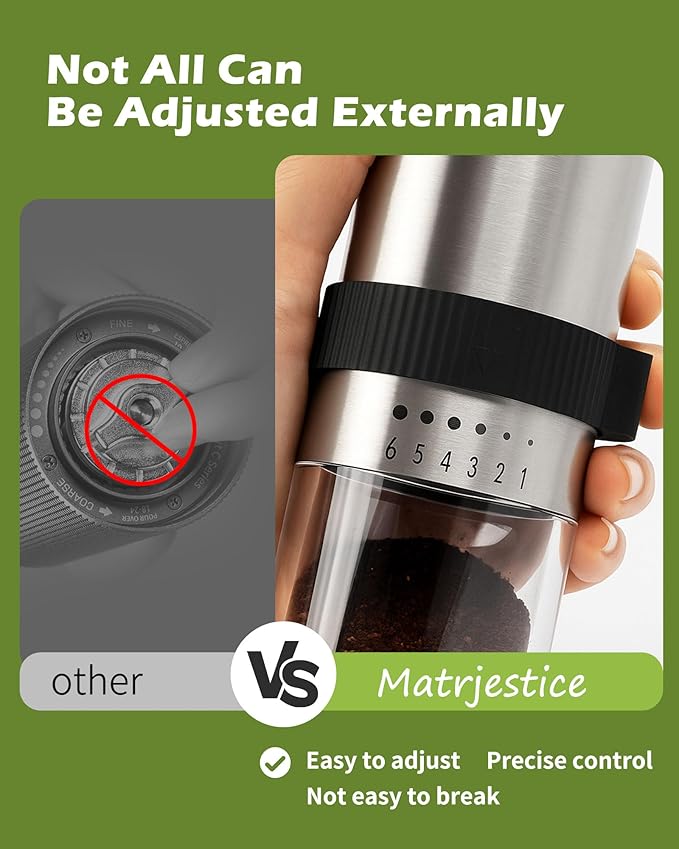 Manual Coffee Grinder with Stainless Steel Burr - 1.12oz Capacity Handheld Mill for Espresso, Drip, Cold Brew with 6 Adjustable Settings & Quiet -Extra Fine Grinding (Stainless Steel Burr)