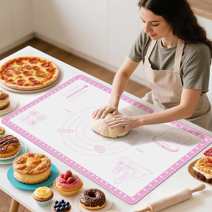 Silicone Baking Mat with 10 Recipes, Pastry Mat for Dough Rolling, Silicone Mat for Baking Macaron, Cookie, Bread, Pizza,Surdough, Fondant Mat for Kitchen, Extra Large 32 X 24 INCH