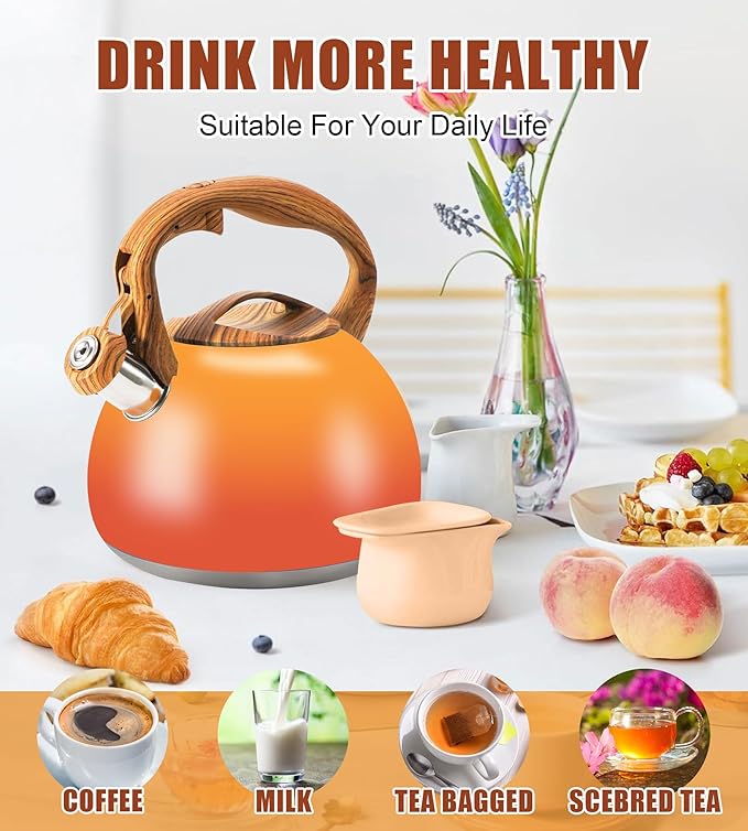 Tea Kettle Stovetop, 3.2Qt Stainless Steel Tea pots with Wood Grain Handle Food Grade Whistling Tea kettle,Induction/Gas Stoves (Orange-Red Gradient)