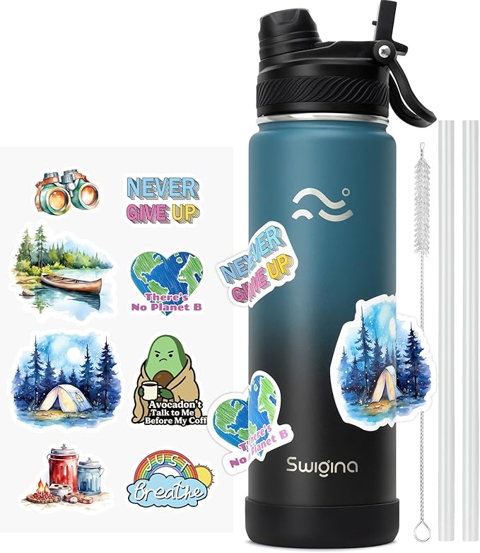 Swigina [2-IN-1 LID] Insulated Water Bottle with Silicone Boot (36hrs Cold/18hrs Hot) - DIY Stickers, Leakproof, BPA Free, 24 oz