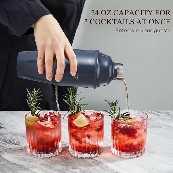 KITESSENSU Cocktail Shaker Set, Stainless Steel Martini Shaker with Bartender Strainer, Measuring Jigger, Bar Mixing Spoon, Cocktail Recipe Included, Navy