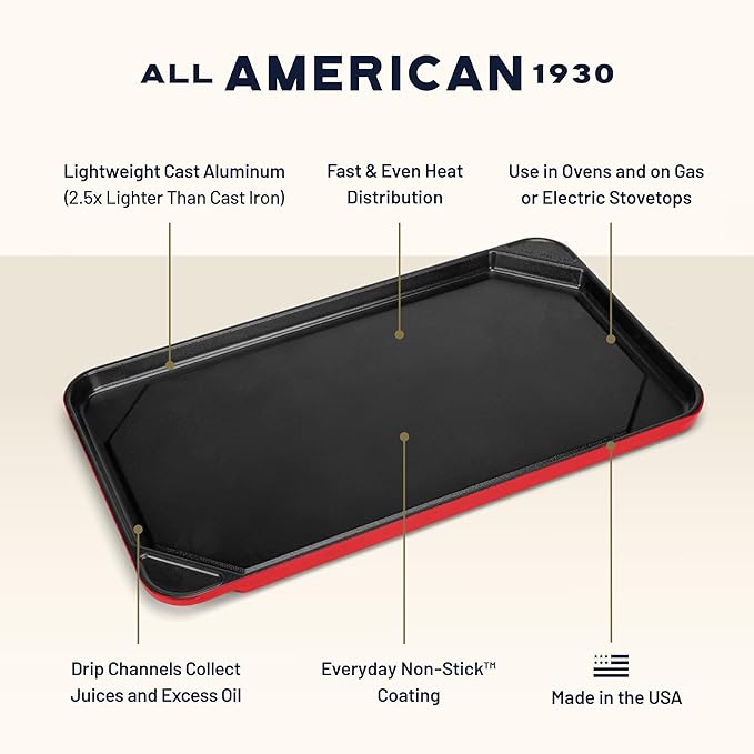 All American 1930 - Ultimate Flat Griddle with Ceramic Non-Stick Coating - Tomato Red - Durable & PFAS Free - For Easy, Prep, Cooking, & Cleaning - Made in the USA