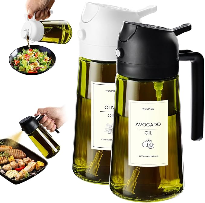 TrendPlain - Original 16oz/470ml Olive Oil Dispenser Bottle for Kitchen Gadgets and Air Fryer Accessories - Olive Oil Sprayer for Cooking w/Stickers - Black&White