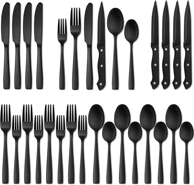 Hiware 24 Pieces Matte Black Silverware Set with Steak Knives for 4, Stainless Steel Flatware Utensils Set, Hand Wash Recommended