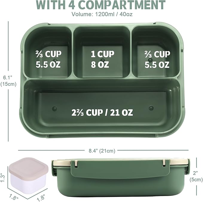 Bento Box Adult Lunch Box, Lunch Containers for Kids Girls Boys with 4 Compartments, Lunchable Food Container with Utensils, Sauce Jar, Muffin Liners, 40 Oz/5 Cup, Microwave & Dishwasher Safe, Green