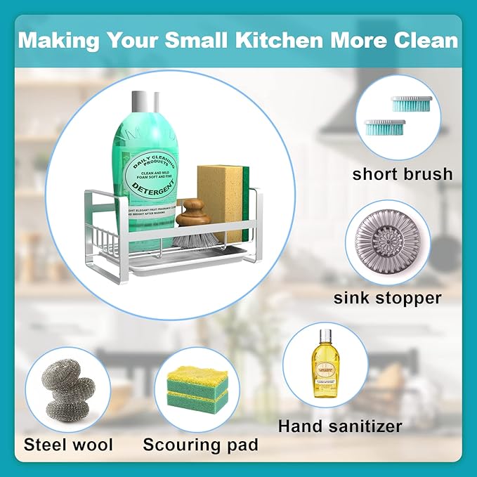 VANTEN Kitchen Sink Caddy - Silver Sink Organizer, Sponge/Soap Dish Dispenser with Brush Holder, Adhesive/Countertop Mount
