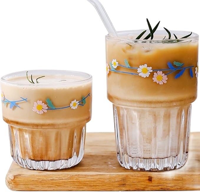 Set of 2 Floral Drinking Glasses Flower Glass Coffee Cups Cute Daisy Glass Cups for Juice,Iced Coffee,Tea,Latte,Dessert,Milk,Stackable Glassware Drinkware Set ﻿(blue1)