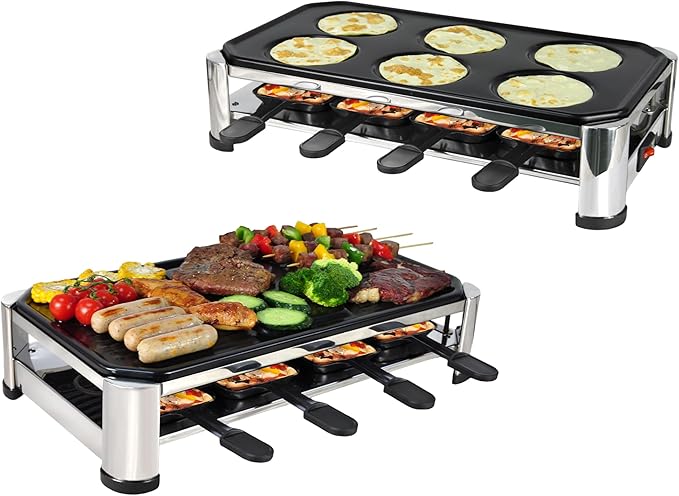 TAMARIT 8-Person Raclette Grill, Electric Party Griddle with Nonstick Grill and Crepe Plates, 8 Pans and Spatulas, 1500W (Indoor), Stainless Steel