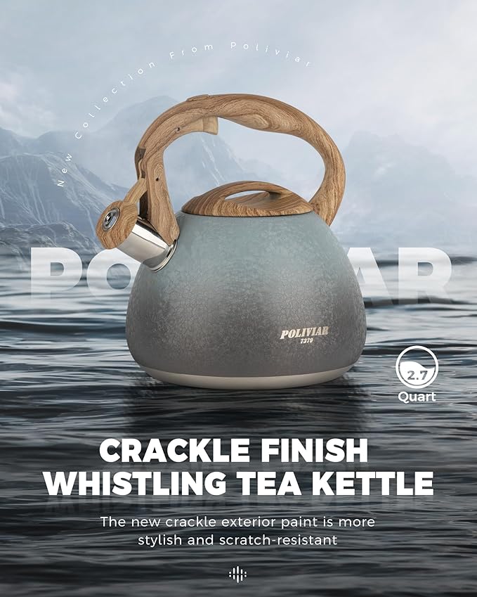 POLIVIAR Tea Kettle, 2.7 Quart Stovetop Tea Kettle, Audible Whistling Teapot with Crackle Finish, Food Grade Stainless Steel for Anti-Rust, Anti Hot Handle, Suitable for All Heat Sources (JX2023-LYL)