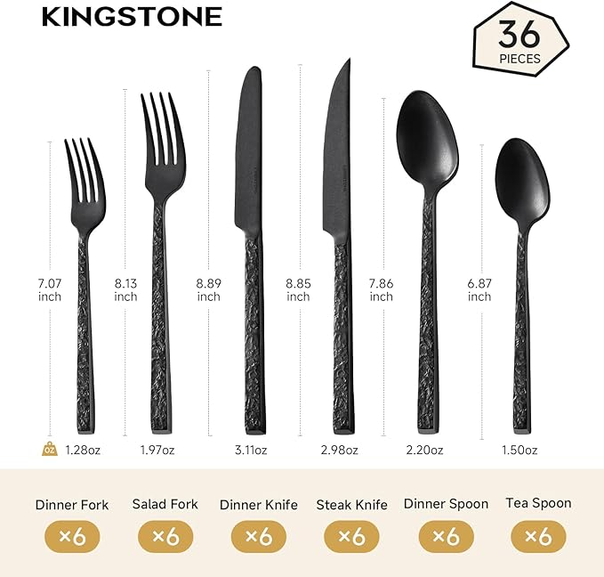 KINGSTONE 36 Pcs Black Hammered Silverware Set with Steak Knives for 6, 18/10 Stainless Steel Heavy Duty Flatware Set, Tableware Cutlery Utensil Sets for Home Restaurant Dishwasher Safe