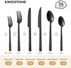 KINGSTONE 36 Pcs Black Hammered Silverware Set with Steak Knives for 6, 18/10 Stainless Steel Heavy Duty Flatware Set, Tableware Cutlery Utensil Sets for Home Restaurant Dishwasher Safe