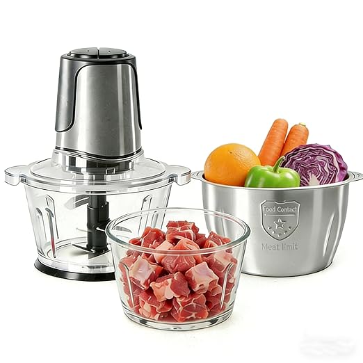 Simple Deluxe Food Processor, 450W Electric Food Chopper with 2 Bowls (8 Cup+8 Cup) & 2 Bi-Level Blades, Small Electric Meat Grinder Processor for Nuts, Fruits, Meat, Vegetable, Baby Food, Silver