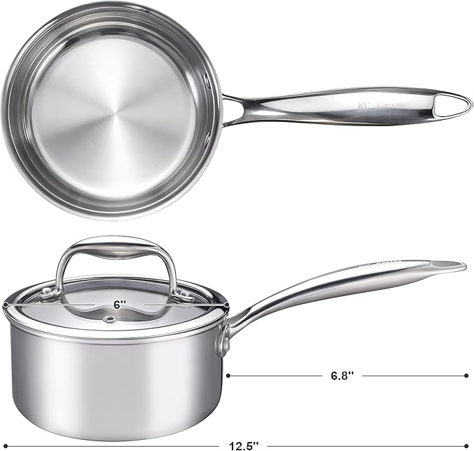 1-Quart Saucepan with Lid, Tri-Ply Stainless Steel Pot with Stay-Cool Handle & All Cooktop Compatibility (Gas, Ceramic, Electric) - Silver