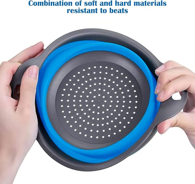 Collapsible Colander, Set of 2 PCS Collapsible Strainer, Space-Saving Kitchen, Food-Grade Silicone Folding Strainer Colander with Handle (Blue)