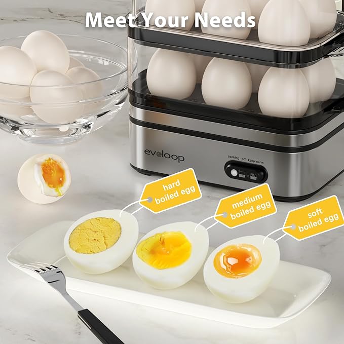 Evoloop Rapid Egg Cooker Electric 12 Eggs Capacity, Soft, Medium, Hard Boiled, Poached, Omelet Maker Egg Poacher & Vegetable Steamer, BPA Free Tray