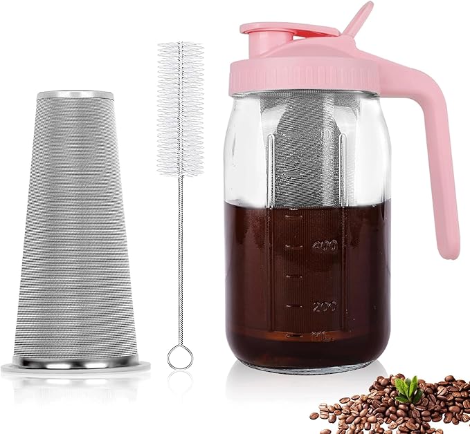Cold Brew Coffee Maker,32 oz Mason Jar Pitcher with Stainless Steel Filter, Pour Spout Handle Lid, Heavy Duty Glass Airtight & Leak-Proof for Iced Coffee Tea Breastmilk Lemonade-Pink