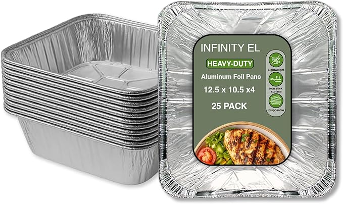 INFINITY EL Disposable Aluminum Foil Pans 25 Pack | Half Pan Extra 12.5" x 10.5" x 4" Deep Disposable Baking Pan | Heavy Duty Aluminum Foil Pan for Roasting Turkey, Lasagna, Thanksgiving, Christmas